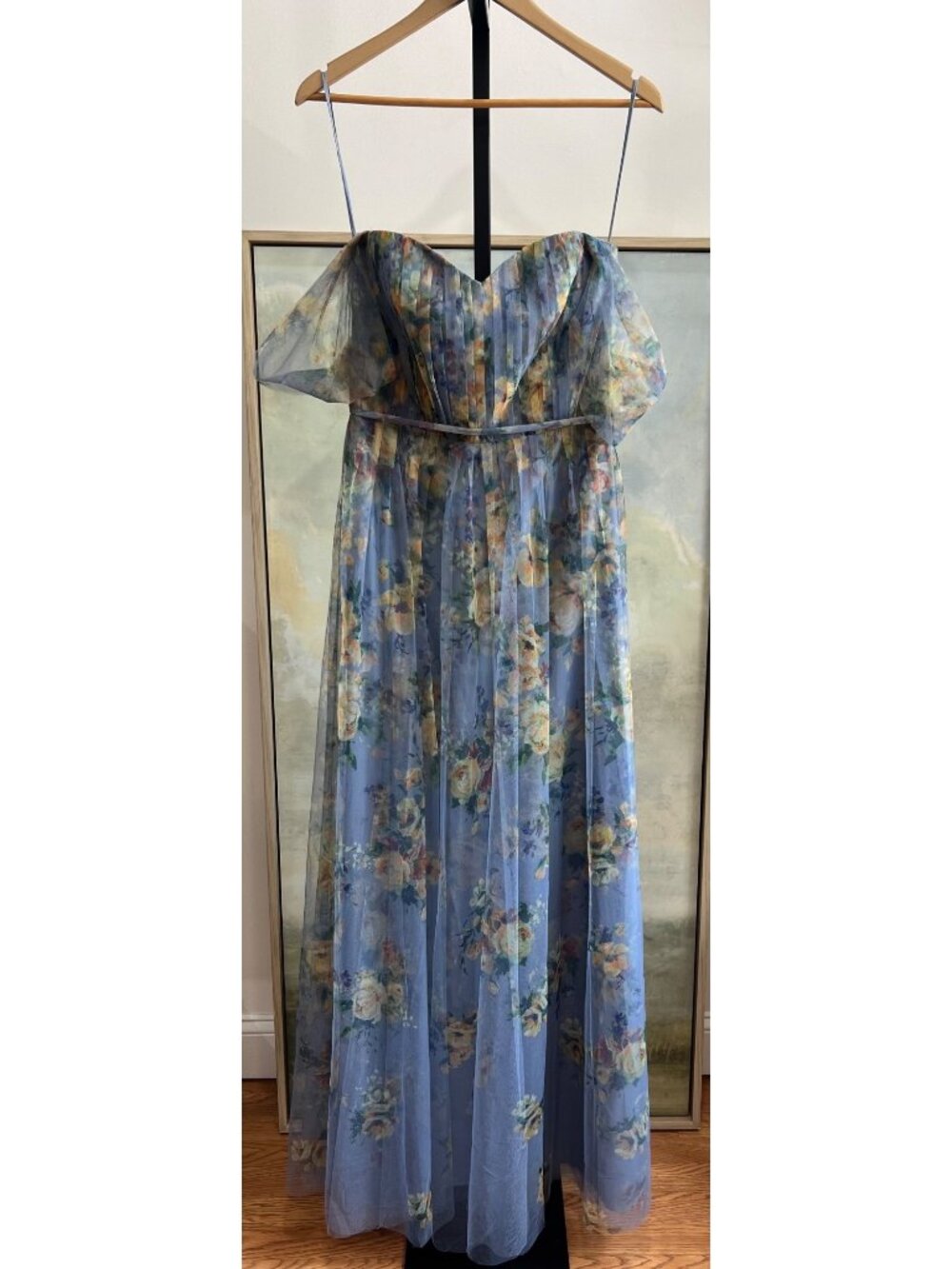 Marchesa Notte Floral Tulle Maxi Dress Size 6 Yellow Roses Blue Grey